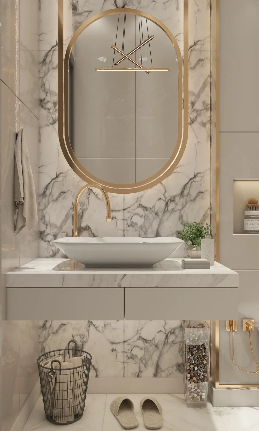 Modern bathroom design featuring marble walls, a circular mirror, and elegant gold fixtures.