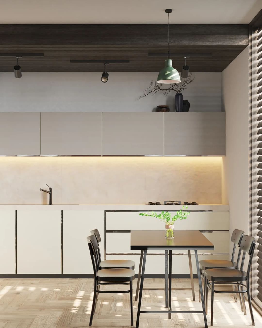 Modern kitchen with minimalist design, light cabinetry, dining table, and stylish pendant lighting.