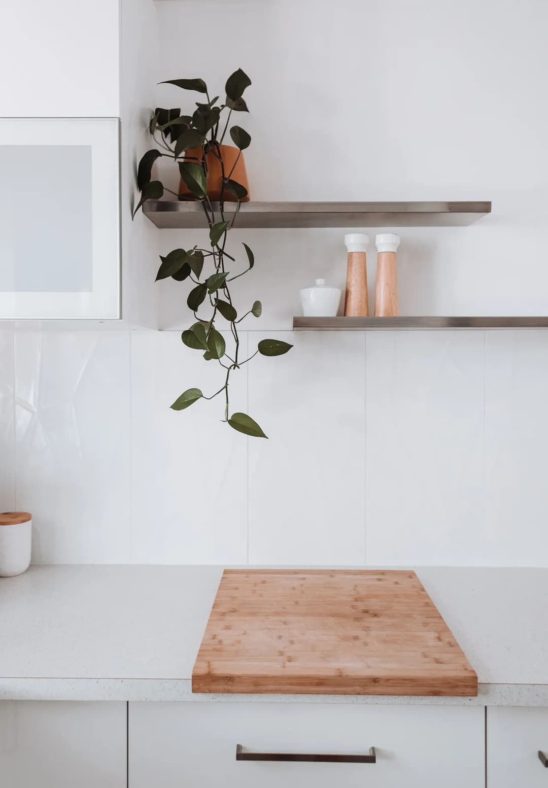 Modern kitchen with wooden cutting board, potted plant, and minimalist decor on shelves.